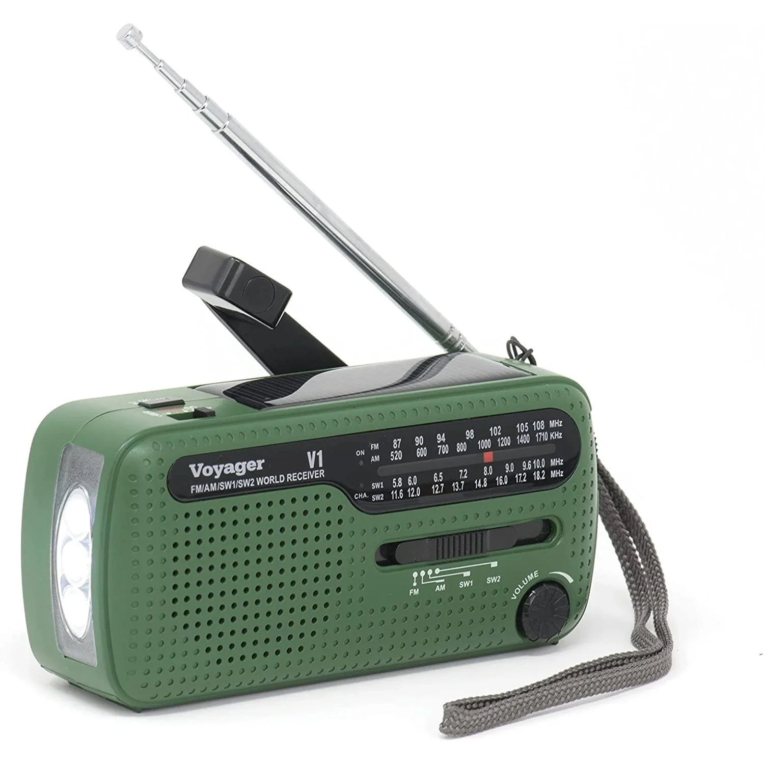 Kaito V1 Voyager Solar/Dynamo AM/FM/SW Emergency Radio with Cell Phone Charger and 3-LED Flashlight, Green - Image 2