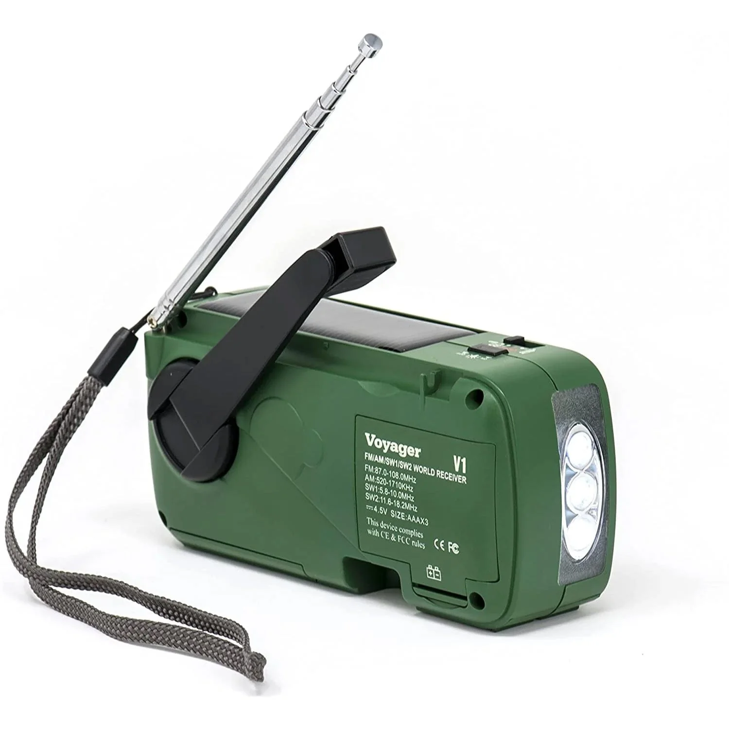 Kaito V1 Voyager Solar/Dynamo AM/FM/SW Emergency Radio with Cell Phone Charger and 3-LED Flashlight, Green - Image 4
