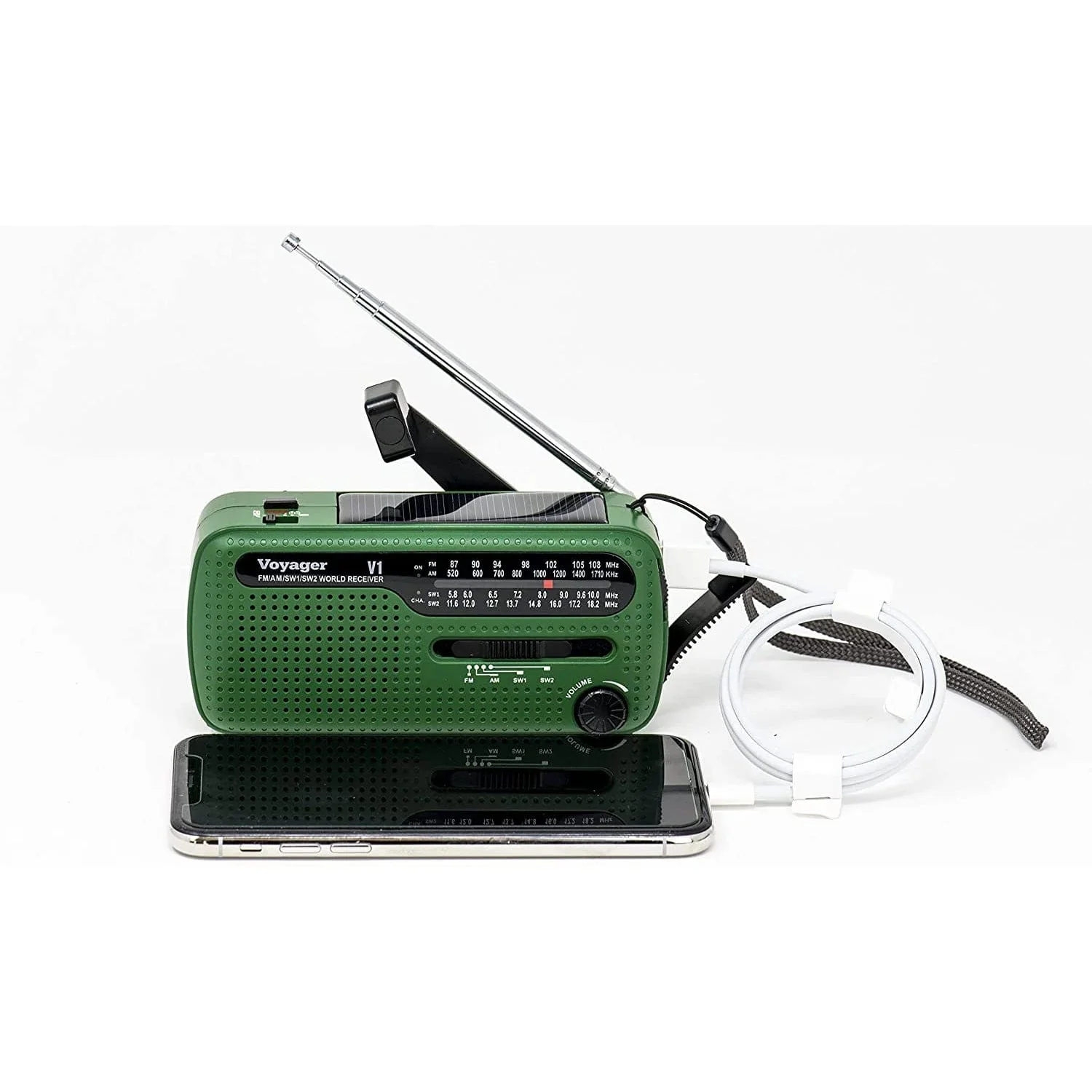 Kaito V1 Voyager Solar/Dynamo AM/FM/SW Emergency Radio with Cell Phone Charger and 3-LED Flashlight, Green - Image 6