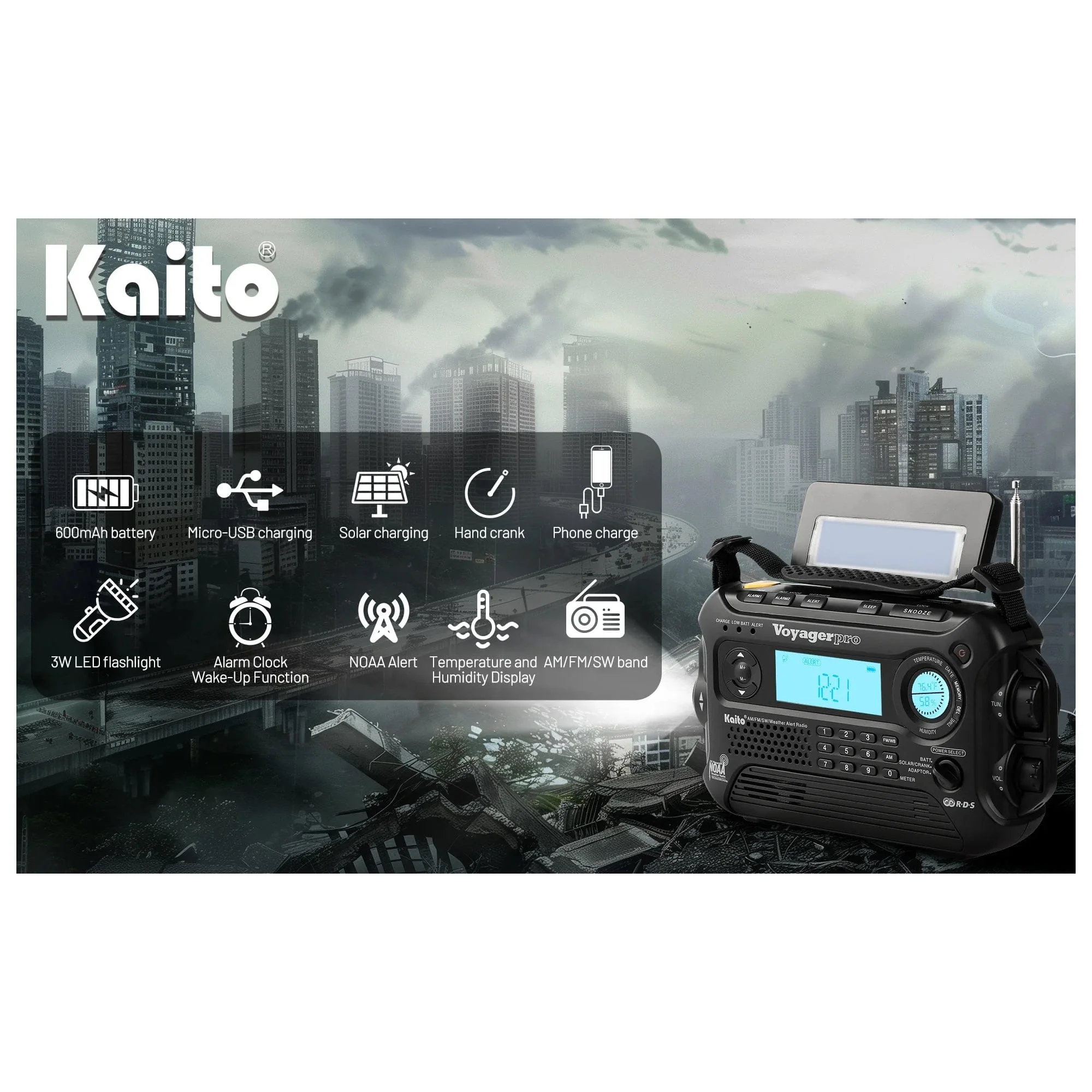 Kaito Voyager Pro KA600 Digital Solar Crank AM/FM/LW/SW NOAA Weather Radio Black - Image 10