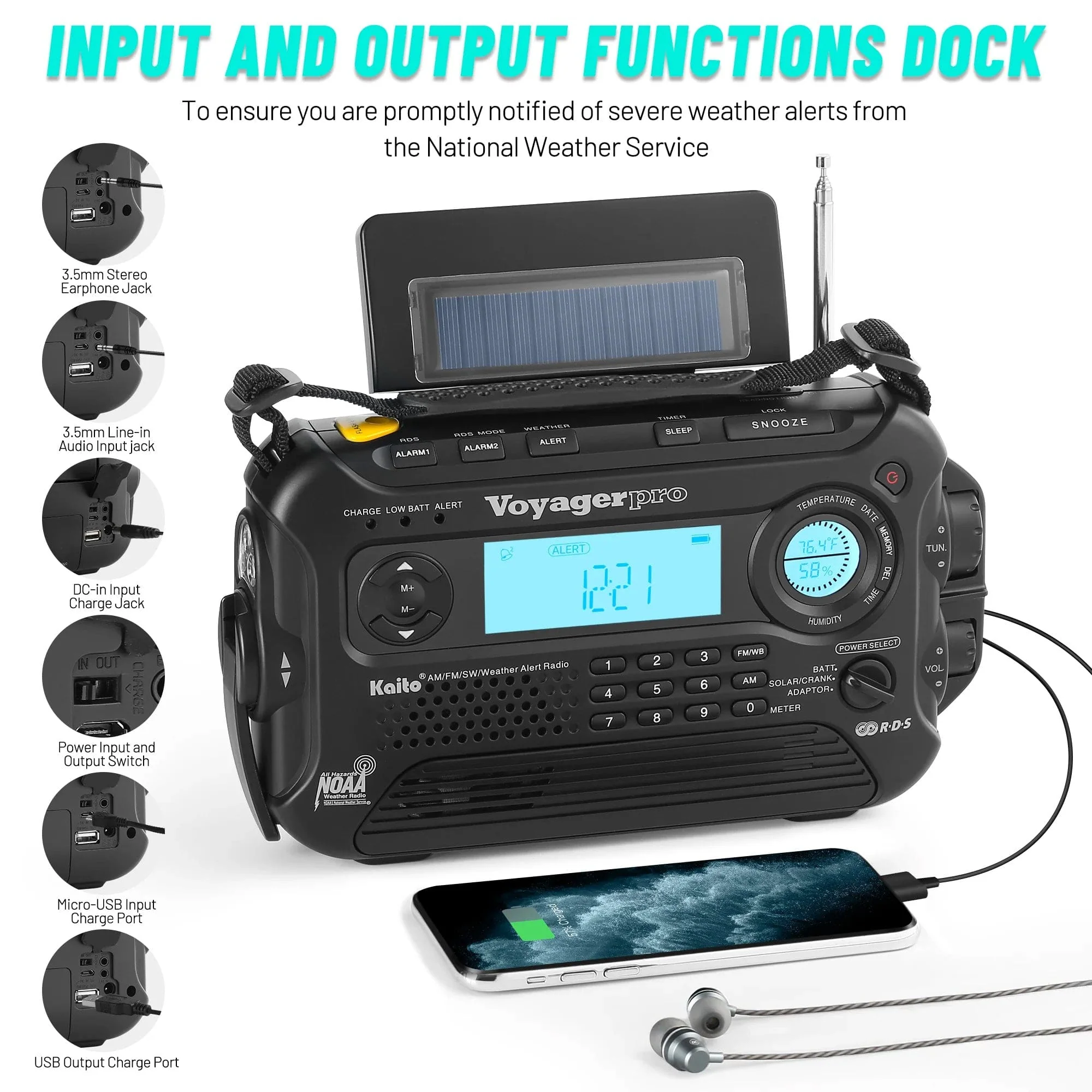 Kaito Voyager Pro KA600 Digital Solar Crank AM/FM/LW/SW NOAA Weather Radio Black - Image 2